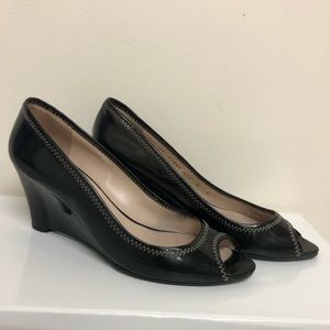 Salvatore Ferragamo Black Patent Open Toe Wedges